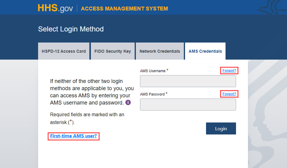 AMS login self-service links